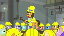 Size: 1920x1080 | Tagged: safe, screencap, character:cheese sandwich, species:earth pony, species:pony, episode:the last laugh, g4, my little pony: friendship is magic, background pony, bipedal, cane, clothing, giggleberry, hard hat, hat, lavender chuckle, male, pun twirl, stallion, suit, summermint, top hat, unnamed pony