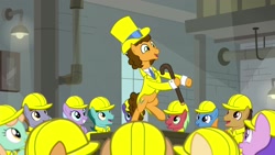 Size: 1920x1080 | Tagged: safe, screencap, character:cheese sandwich, species:earth pony, species:pony, episode:the last laugh, g4, my little pony: friendship is magic, background pony, bipedal, cane, clothing, female, giggleberry, hard hat, hat, lavender chuckle, male, mare, pun twirl, stallion, suit, summermint, top hat, unnamed pony