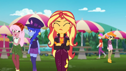 Size: 1920x1080 | Tagged: safe, screencap, character:scribble dee, character:sunset shimmer, equestria girls:sunset's backstage pass, g4, my little pony:equestria girls, angry, bandana, clothing, crossed arms, female, frustrated, frustration, fry lilac, geode of empathy, hat, magical geodes, male, outdoors, raspberry lilac, shorts, space camp (character), umbrella