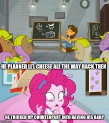 Size: 500x562 | Tagged: safe, screencap, character:cheese sandwich, character:pinkie pie, species:pony, episode:the last laugh, g4, my little pony: friendship is magic, my little pony:equestria girls, caption, conspiracy, conspiracy theory, image macro, text