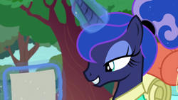 Size: 1920x1080 | Tagged: safe, screencap, character:princess luna, species:alicorn, species:pony, episode:between dark and dawn, g4, my little pony: friendship is magic, alternate hairstyle, eyeshadow, female, glowing horn, grin, hair bun, horn, levitation, lidded eyes, luggage, magic, makeup, map, mare, schedule, smiling, solo, telekinesis