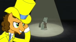 Size: 1920x1080 | Tagged: safe, screencap, character:cheese sandwich, character:sans smirk, species:pony, episode:the last laugh, g4, my little pony: friendship is magic, clothing, hat, suit, top hat