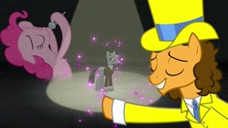 Size: 1920x1080 | Tagged: safe, screencap, character:cheese sandwich, character:pinkie pie, character:sans smirk, species:pony, episode:the last laugh, g4, my little pony: friendship is magic, clothing, glasses, glitter, hat, microphone, suit, top hat