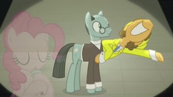 Size: 1920x1080 | Tagged: safe, screencap, character:cheese sandwich, character:pinkie pie, character:sans smirk, species:pony, episode:the last laugh, g4, my little pony: friendship is magic, clothing, glitter, hat, microphone, suit, top hat