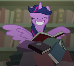 Size: 1210x1080 | Tagged: safe, screencap, character:twilight sparkle, character:twilight sparkle (alicorn), species:alicorn, species:pony, episode:castle mane-ia, g4, my little pony: friendship is magic, book, cropped, eyes closed, female, mare, smiling, solo