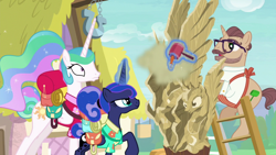 Size: 1920x1080 | Tagged: safe, screencap, character:princess celestia, character:princess luna, character:vino veritas, species:alicorn, species:pony, species:unicorn, episode:between dark and dawn, g4, my little pony: friendship is magic, craft, female, magic, male, mare, sculpture, stallion, telekinesis, wood carving