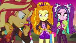 Size: 1920x1080 | Tagged: safe, screencap, character:adagio dazzle, character:aria blaze, character:pinkie pie, character:sonata dusk, character:sunset shimmer, equestria girls:sunset's backstage pass, g4, my little pony:equestria girls, clothing, female, geode of empathy, hands on hip, jacket, magical geodes, minidress, pigtails, raised eyebrow, shorts, spiked wristband, surprised, taco dress, the dazzlings, twintails, wristband
