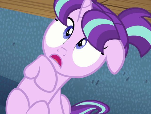 Size: 641x486 | Tagged: safe, screencap, character:starlight glimmer, species:pony, species:unicorn, episode:the cutie re-mark, animated, cropped, female, filly, filly starlight glimmer, floppy ears, gif, implied sunburst, magic, magic aura, offscreen character, pigtails, ribbon, scared, solo, younger
