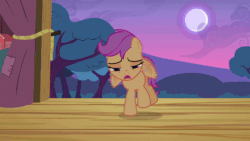 Size: 1280x720 | Tagged: safe, screencap, character:scootaloo, species:pegasus, species:pony, episode:flight to the finish, g4, my little pony: friendship is magic, animated, cloud, curtain, falling, female, filly, hill, moon, rope, sky, solo, sound, stage, sunset, tree, webm, wings