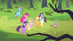 Size: 1280x720 | Tagged: safe, screencap, character:applejack, character:fluttershy, character:pinkie pie, character:rainbow dash, character:rarity, character:spike, character:twilight sparkle, character:twilight sparkle (alicorn), species:alicorn, species:dragon, species:earth pony, species:pegasus, species:pony, species:unicorn, episode:bats!, g4, my little pony: friendship is magic, animated, apple, apple core, apple tree, female, food, mane seven, mane six, mare, sound, tree, webm