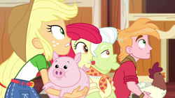 Size: 1920x1080 | Tagged: safe, screencap, character:apple bloom, character:applejack, character:big mcintosh, character:granny smith, species:bird, species:chicken, species:rooster, equestria girls:holidays unwrapped, g4, my little pony:equestria girls, animal, apple family, apple siblings, apple sisters, applejack's hat, barn, belt, brother and sister, clothing, cowboy hat, denim skirt, ear piercing, earring, female, freckles, hat, jewelry, male, piercing, pig, siblings, sisters, skirt, stetson, the cider louse fools