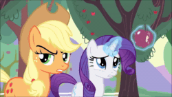 Size: 1280x720 | Tagged: safe, screencap, character:applejack, character:rarity, species:earth pony, species:pony, species:unicorn, episode:bats!, g4, my little pony: friendship is magic, animated, apple, apple tree, female, food, magic, magic aura, mare, out of context, sound, tree, webm