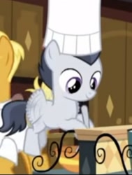 Size: 404x535 | Tagged: safe, screencap, character:gourmand ramsay, character:rumble, species:pegasus, species:pony, episode:the last problem, g4, my little pony: friendship is magic, canterlot, chef's hat, clothing, cooking, cropped, hat, kitchen, smiling, solo focus