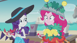 Size: 1920x1080 | Tagged: safe, screencap, character:pinkie pie, character:rarity, species:crab, episode:too hot to handle, g4, my little pony:equestria girls, beach, beach babe, bikini, bikini babe, brochure, clothing, costume, duo, duo female, female, geode of shielding, hat, magical geodes, midriff, pinkie being pinkie, sarong, sun hat, swimsuit, table