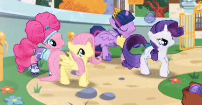 Size: 402x210 | Tagged: safe, gameloft, screencap, character:fluttershy, character:pinkie pie, character:rarity, character:twilight sparkle, character:twilight sparkle (alicorn), species:alicorn, species:earth pony, species:pegasus, species:pony, species:unicorn, alternate hairstyle, animated, bag, clothing, cute, dancing, dancity, diapinkes, eyes closed, female, game screencap, gameloft shenanigans, gif, headband, mare, open mouth, pinkie puffs, raribetes, shirt, shorts, shuffle, shyabetes, smiling, spread wings, synchronized, trotting, trotting in place, twiabetes, wings