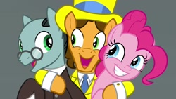 Size: 1920x1080 | Tagged: safe, screencap, character:cheese sandwich, character:pinkie pie, character:sans smirk, species:pony, episode:the last laugh, g4, my little pony: friendship is magic, clothing, hard hat, hat, suit, top hat