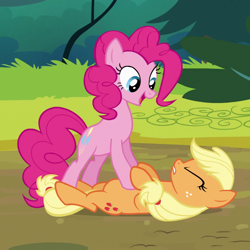 Size: 865x865 | Tagged: safe, screencap, character:applejack, character:pinkie pie, species:earth pony, species:pony, episode:pinkie apple pie, g4, my little pony: friendship is magic, cropped, female, mare