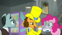 Size: 1920x1080 | Tagged: safe, screencap, character:cheese sandwich, character:pinkie pie, character:sans smirk, species:pony, episode:the last laugh, g4, my little pony: friendship is magic, clothing, hat, suit, top hat