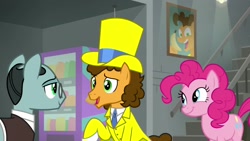 Size: 1920x1080 | Tagged: safe, screencap, character:cheese sandwich, character:pinkie pie, character:sans smirk, species:pony, episode:the last laugh, g4, my little pony: friendship is magic, clothing, hat, suit, top hat