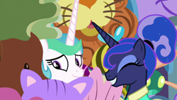 Size: 1920x1080 | Tagged: safe, screencap, character:princess celestia, character:princess luna, species:alicorn, species:pony, episode:between dark and dawn, g4, my little pony: friendship is magic, alternate hairstyle, amused, clothing, cute, duo, embarrassed, eyes closed, eyeshadow, female, grin, hair bun, hawaiian shirt, makeup, manehattan, plushie, royal sisters, shirt, siblings, sisters, smiling