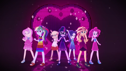 Size: 1920x1080 | Tagged: safe, screencap, character:applejack, character:fluttershy, character:pinkie pie, character:rainbow dash, character:rarity, character:sunset shimmer, character:twilight sparkle, character:twilight sparkle (scitwi), species:eqg human, episode:i'm on a yacht, g4, my little pony:equestria girls, humane five, humane seven, humane six, neon eg logo, sleeveless