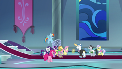 Size: 1920x1080 | Tagged: safe, screencap, character:applejack, character:fancypants, character:fluttershy, character:jet set, character:pinkie pie, character:rainbow dash, character:rarity, character:spike, character:twilight sparkle, character:twilight sparkle (alicorn), character:upper crust, species:alicorn, species:dragon, species:pony, episode:between dark and dawn, g4, my little pony: friendship is magic, mane six, scroll, winged spike
