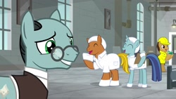 Size: 1920x1080 | Tagged: safe, screencap, character:sans smirk, species:earth pony, species:pony, species:unicorn, episode:the last laugh, g4, my little pony: friendship is magic, background pony, bipedal, clothing, female, hard hat, hat, lab coat, laughing, male, mare, stallion, unnamed pony