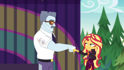 Size: 1920x1080 | Tagged: safe, screencap, character:sunset shimmer, equestria girls:sunset's backstage pass, g4, my little pony:equestria girls, female, fist bump, male, max steele, outdoors, pine tree, security guard, sunglasses, tree