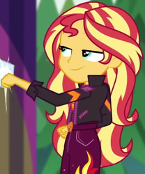 Size: 471x567 | Tagged: safe, screencap, character:sunset shimmer, equestria girls:sunset's backstage pass, g4, my little pony:equestria girls, belt, buckle, clothing, cropped, female, fist bump, geode of empathy, jacket, leather jacket, lidded eyes, magical geodes, outdoors, pants, raised arm, sleeveless shirt, smiling
