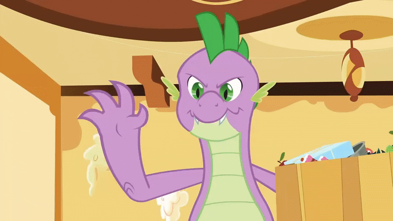 Size: 800x450 | Tagged: safe, screencap, character:spike, species:dragon, episode:secret of my excess, g4, my little pony: friendship is magic, animated, claws, destruction, gif, gigachad spike, greed spike, growth, male, older, older spike, ponyville, prehensile tail, quadrupedal spike, sin of greed, solo, sugarcube corner, wingless spike