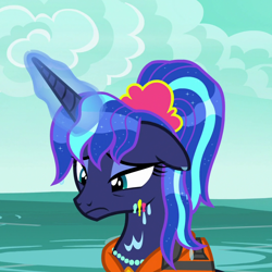 Size: 1080x1080 | Tagged: safe, screencap, character:princess luna, species:alicorn, species:pony, episode:between dark and dawn, g4, my little pony: friendship is magic, 80s princess luna, alternate hairstyle, cropped, displeased, eyeshadow, female, floppy ears, glowing horn, hair dye, hair ornament, horn, levitation, lifejacket, magic, magic aura, makeup, mare, ruined mane, running makeup, sad, solo, telekinesis, wet mane
