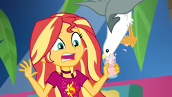 Size: 1920x1080 | Tagged: safe, screencap, character:sunset shimmer, species:bird, species:seagull, episode:i'm on a yacht, g4, my little pony:equestria girls, clothing, drink, glass, open mouth