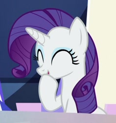 Size: 464x490 | Tagged: safe, screencap, character:rarity, species:pony, species:unicorn, episode:the last laugh, g4, my little pony: friendship is magic, cropped, cute, eyes closed, female, giggling, hoof on chin, mare, open mouth, raised hoof, raribetes, smiling, solo