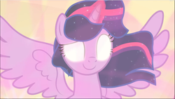 Size: 1669x941 | Tagged: safe, screencap, character:twilight sparkle, character:twilight sparkle (alicorn), species:alicorn, species:pony, episode:the beginning of the end, g4, my little pony: friendship is magic, ethereal mane, glowing eyes, glowing horn, magic, magic of friendship, raised eyebrow, smiling, solo, spread wings, wings