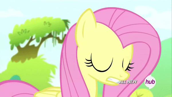 Size: 600x338 | Tagged: safe, screencap, character:fluttershy, species:pegasus, species:pony, episode:maud pie, g4, my little pony: friendship is magic, all new, animated, confluttershy, confused, gif, hub logo, solo, text