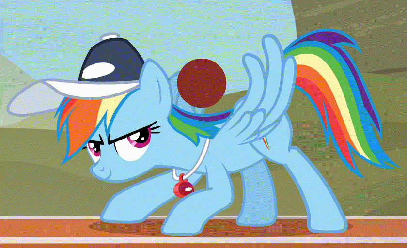Size: 840x512 | Tagged: safe, screencap, character:rainbow dash, species:pegasus, species:pony, episode:common ground, g4, my little pony: friendship is magic, animated, ball, buckball, cap, clothing, coach rainbow dash, female, gif, hat, loop, mare, rainbow dashs coaching whistle, solo, whistle, whistle necklace, wing hands, wings