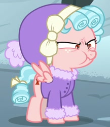Size: 852x982 | Tagged: safe, screencap, character:cozy glow, species:pegasus, species:pony, episode:frenemies, g4, my little pony: friendship is magic, clothing, cozy glow is best facemaker, cozy glow is not amused, cozybetes, cropped, cross-popping veins, cute, faec, female, filly, foal, hat, jacket, nose wrinkle, puffy cheeks, scrunchy face, spread wings, vein bulge, wings, winter outfit