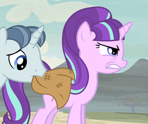 Size: 588x496 | Tagged: safe, screencap, character:party favor, character:starlight glimmer, species:pony, species:unicorn, episode:the cutie map, g4, my little pony: friendship is magic, animated, cleaning, cropped, duo, female, gif, looking back, male, mare, mouth hold, rag, s5 starlight, stallion, swiping