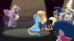 Size: 1280x720 | Tagged: safe, screencap, character:applejack, character:fluttershy, character:pinkie pie, character:rainbow dash, character:rarity, character:twilight sparkle, character:twilight sparkle (alicorn), species:alicorn, species:pony, episode:testing testing 1-2-3, g4, my little pony: friendship is magic, admiral fairy flight, ancient wonderbolts uniform, animated, boutique, clothing, colonel purple dart, commander easy glider, faec, general flash, lighting, mane six, sgt. rarity, sound, sunglasses, uniform, walking, webm