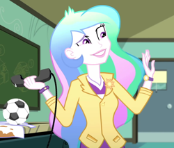 Size: 1190x1015 | Tagged: safe, screencap, character:princess celestia, character:principal celestia, episode:subs rock, eqg summertime shorts, g4, my little pony:equestria girls, apron, ball, blazer, canterlot high, chalkboard, classroom, clothing, cropped, desk, door, female, football, phone, smiling, solo, sports, telephone cord, watch