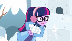 Size: 1920x1080 | Tagged: safe, screencap, character:twilight sparkle, character:twilight sparkle (scitwi), species:eqg human, equestria girls:holidays unwrapped, g4, my little pony:equestria girls, clothing, earmuffs, female, glasses, outdoors, snow, snow fort, snowball, snowball fight, solo, winter coat, winter outfit