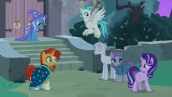 Size: 1920x1080 | Tagged: safe, screencap, character:maud pie, character:mudbriar, character:starlight glimmer, character:sunburst, character:terramar, character:trixie, species:classical hippogriff, species:earth pony, species:hippogriff, species:pony, species:unicorn, episode:student counsel, cape, clothing, female, hat, male, mare, night, petrification, rockbriar, socks (coat marking), stallion, statue, trixie's cape, trixie's hat