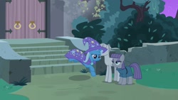 Size: 1920x1080 | Tagged: safe, screencap, character:maud pie, character:mudbriar, character:trixie, species:earth pony, species:pony, species:unicorn, episode:student counsel, cape, clothing, female, hat, leaping, mare, night, petrification, rockbriar, statue, trixie's cape, trixie's hat
