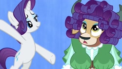 Size: 1280x720 | Tagged: safe, screencap, character:rarity, character:yona, species:pony, species:unicorn, species:yak, episode:she's all yak, g4, my little pony: friendship is magic, bipedal, duo, female, fit right in, hairstyle, mare, misleading thumbnail, out of context, style
