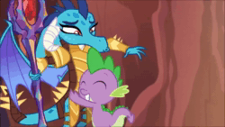 Size: 1280x720 | Tagged: safe, screencap, character:princess ember, character:rarity, character:spike, character:twilight sparkle, species:dragon, species:pony, episode:gauntlet of fire, g4, my little pony: friendship is magic, animated, awww, bloodstone scepter, blushing, disguise, dragon armor, dragon lord ember, dragoness, female, hug, male, rock costume, sound, wavy mouth, webm