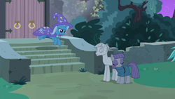 Size: 1920x1080 | Tagged: safe, screencap, character:maud pie, character:mudbriar, character:trixie, species:pony, episode:student counsel, cape, clothing, hat, petrification, rockbriar, trixie's cape, trixie's hat
