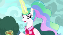 Size: 1920x1080 | Tagged: safe, screencap, character:princess celestia, species:alicorn, species:pony, episode:between dark and dawn, g4, my little pony: friendship is magic, alternate hairstyle, annoyed, celestia is not amused, clothing, ethereal mane, female, flowing mane, folded wings, food, glowing horn, hawaiian shirt, horn, lidded eyes, mare, ponytail, sandwich, shirt, solo, unamused, wings
