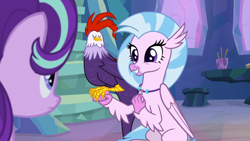 Size: 1920x1080 | Tagged: safe, screencap, character:edith, character:silverstream, character:starlight glimmer, species:classical hippogriff, species:cockatrice, species:hippogriff, species:pony, episode:student counsel, cute, diabedith, diastreamies, female, mare, perching, red eyes, treehouse of harmony