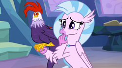 Size: 1920x1080 | Tagged: safe, screencap, character:edith, character:silverstream, species:classical hippogriff, species:cockatrice, species:hippogriff, episode:student counsel, duo, female, jewelry, necklace, red eyes, treehouse of harmony