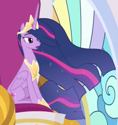 Size: 987x1045 | Tagged: safe, screencap, character:twilight sparkle, character:twilight sparkle (alicorn), species:alicorn, species:pony, episode:the last problem, g4, my little pony: friendship is magic, cropped, crown, ethereal mane, female, hoof shoes, jewelry, mare, older, older twilight, peytral, princess twilight 2.0, regalia, sitting, solo, throne